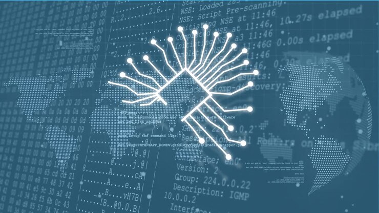 Animation of ai text and icon, data processing over globe