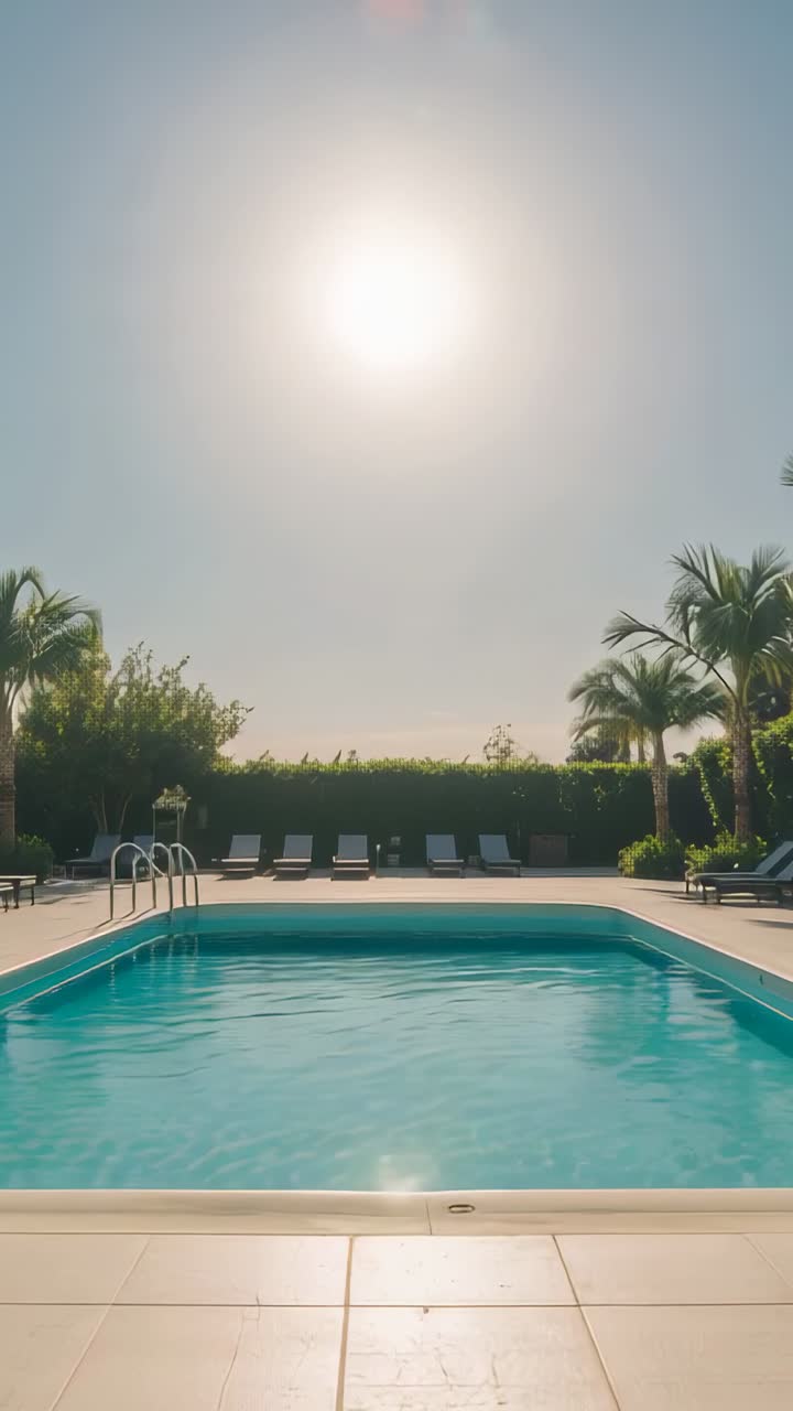 Vertical video: Sun producing lens flare, pool rippling at backyard, showing ladder and loungers
