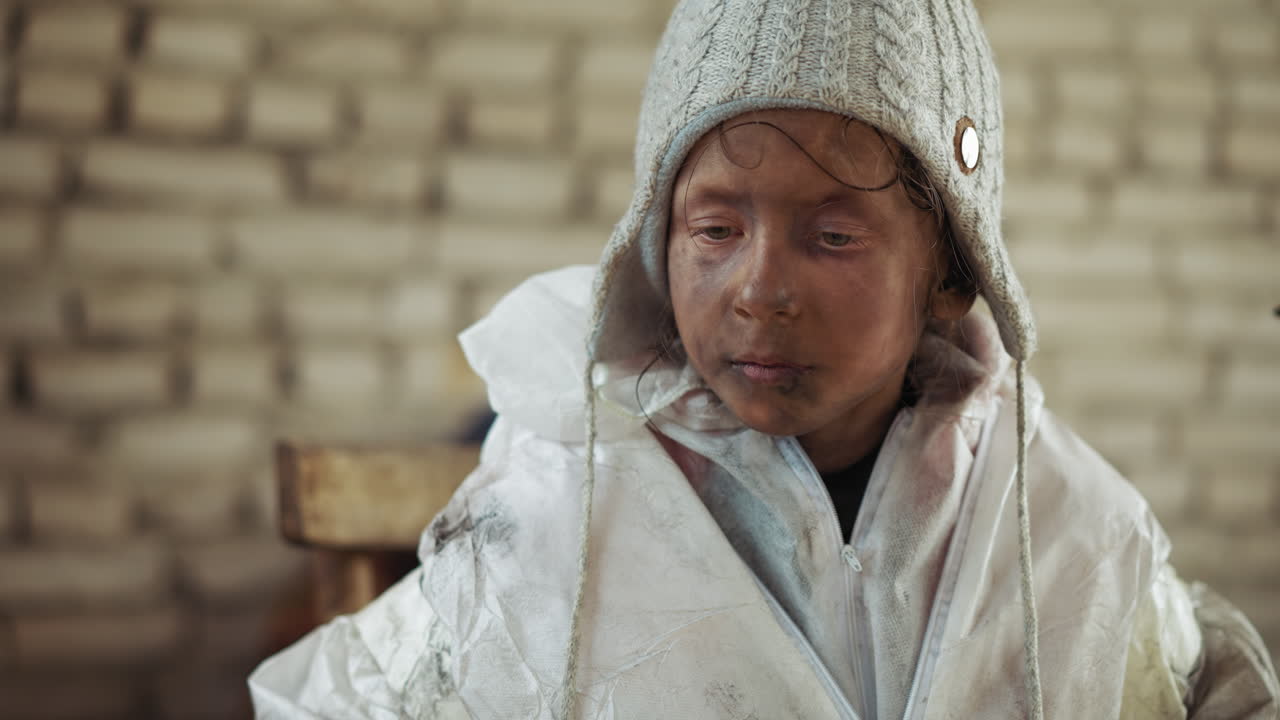 흰색 보호 재킷과 어두운 비니를 쓰고 얼굴이 엉망이 된 지친 아이의 클로즈업 초상화, 눈은 아래로 향하고 실내에서 생각에 잠긴 표정으로 시선을 돌리고 있으며, 흐릿한 동반자가 전경에 있어요.