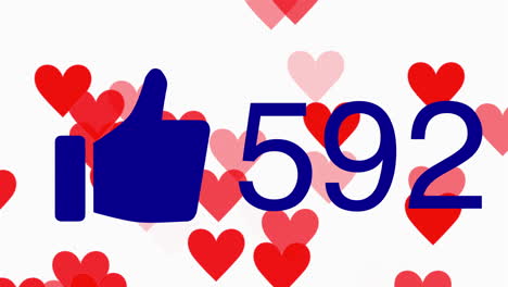 social media thumbs up numbers increasing with floating love hearts animation