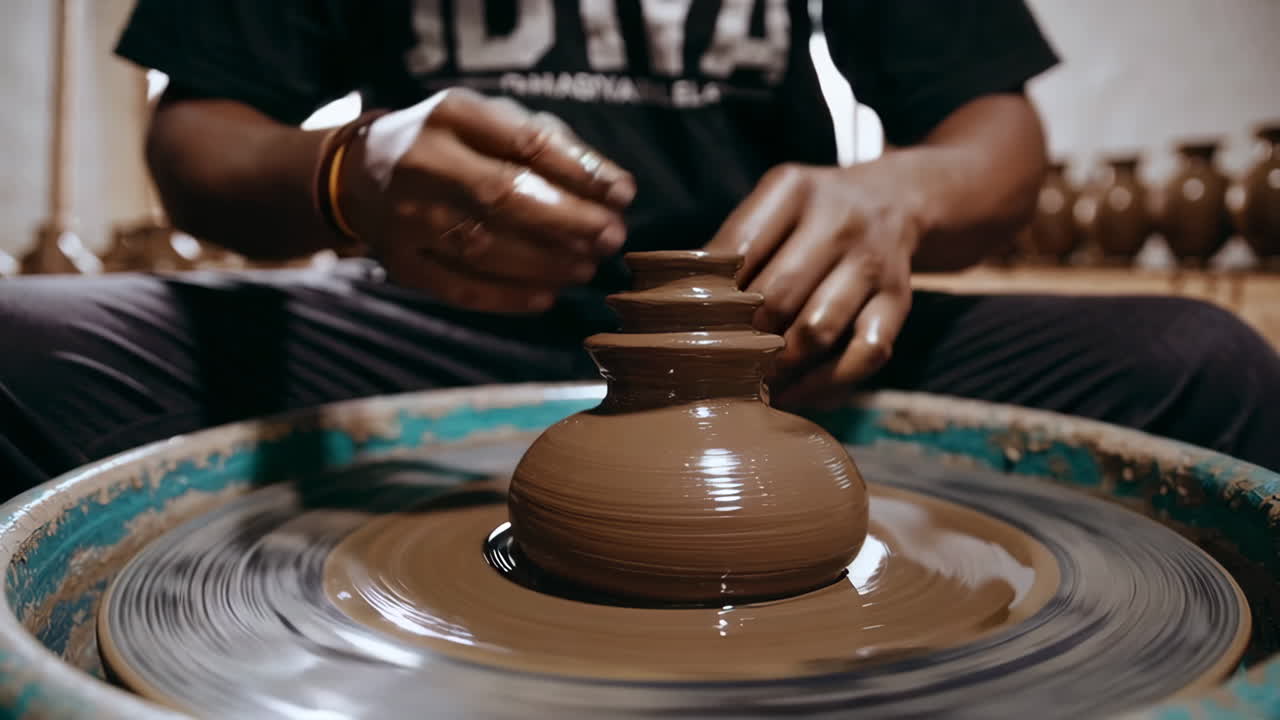 Person shaping a clay pot on a pottery wheel