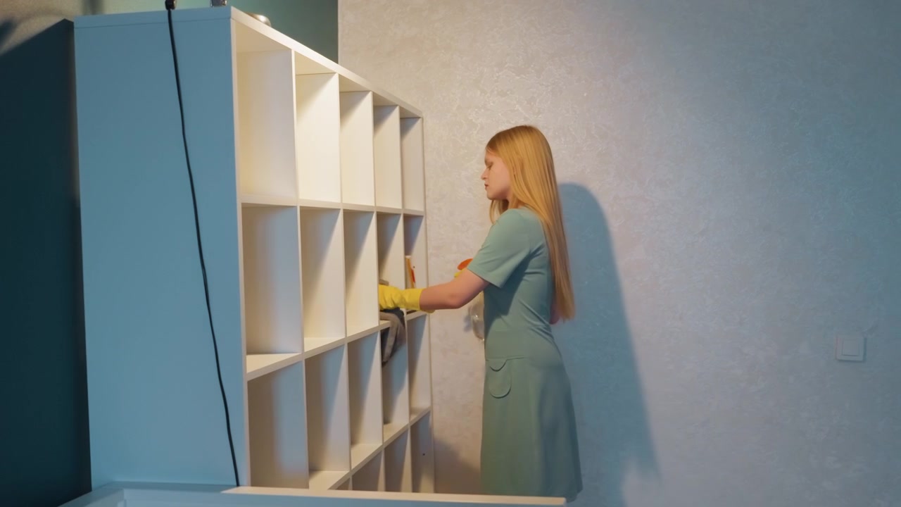 Donna che pulisce gli scaffali di casa per la trasformazione della stanza, con movimenti costanti che rimuovono il disordine e puliscono i vani. Inquadrature ampie e medie mostrano un'organizzazione metodica, passaggi di lucidatura e igienizzazione, in una sera mite.