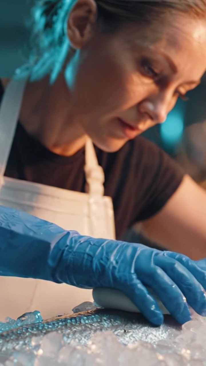 Chef concentrato che prepara pesce sul ghiaccio con le mani guantate, mantenendo la precisione nella preparazione e presentazione culinaria con tecniche e abilità professionali.