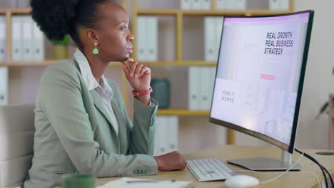 Black-woman,-thinking-and-typing-on-computer