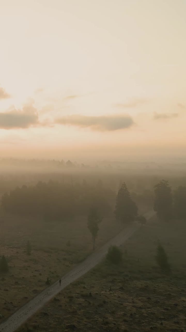 시골 풍경 위 의 안개 가 가득 한 해가 뜨는 것