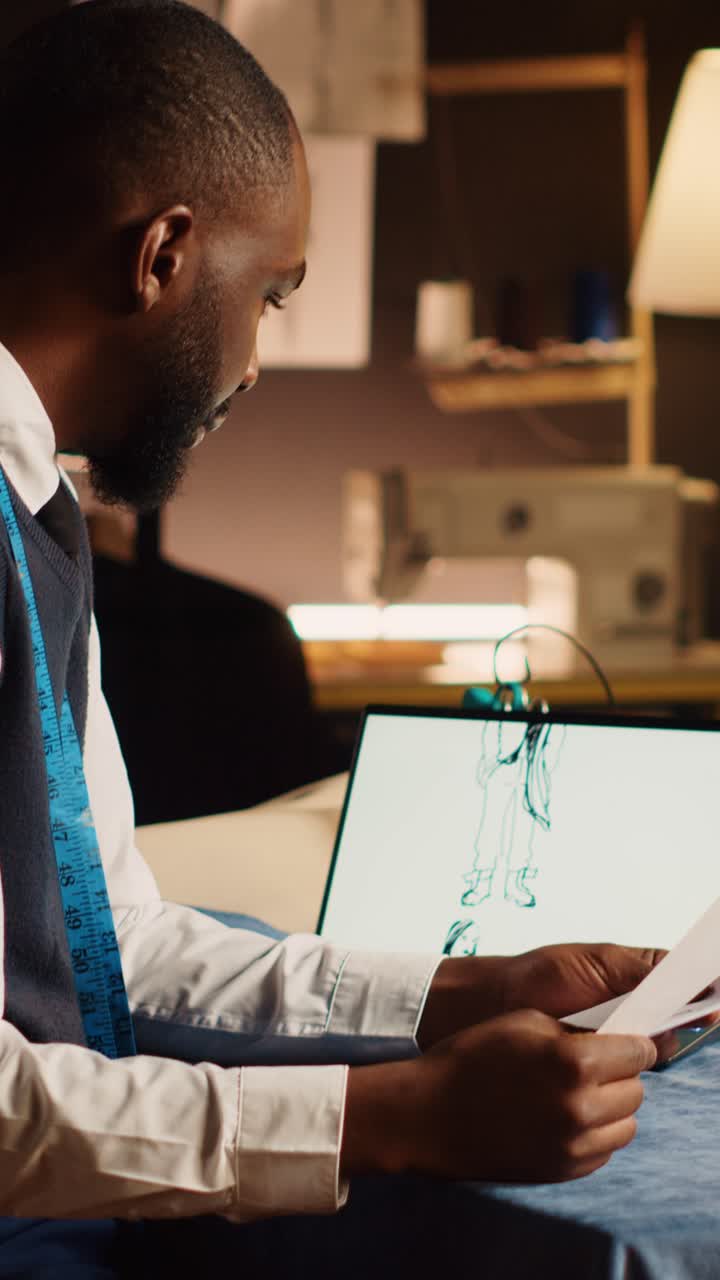 Vertical video Couturier comparing sketches with tablet