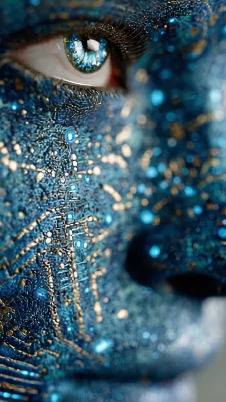 A Captivating Close-Up of a Human Face Adorned with Intricate Blue Patterns and Sparkling Lights, Blending Artistry with Emotional Expression