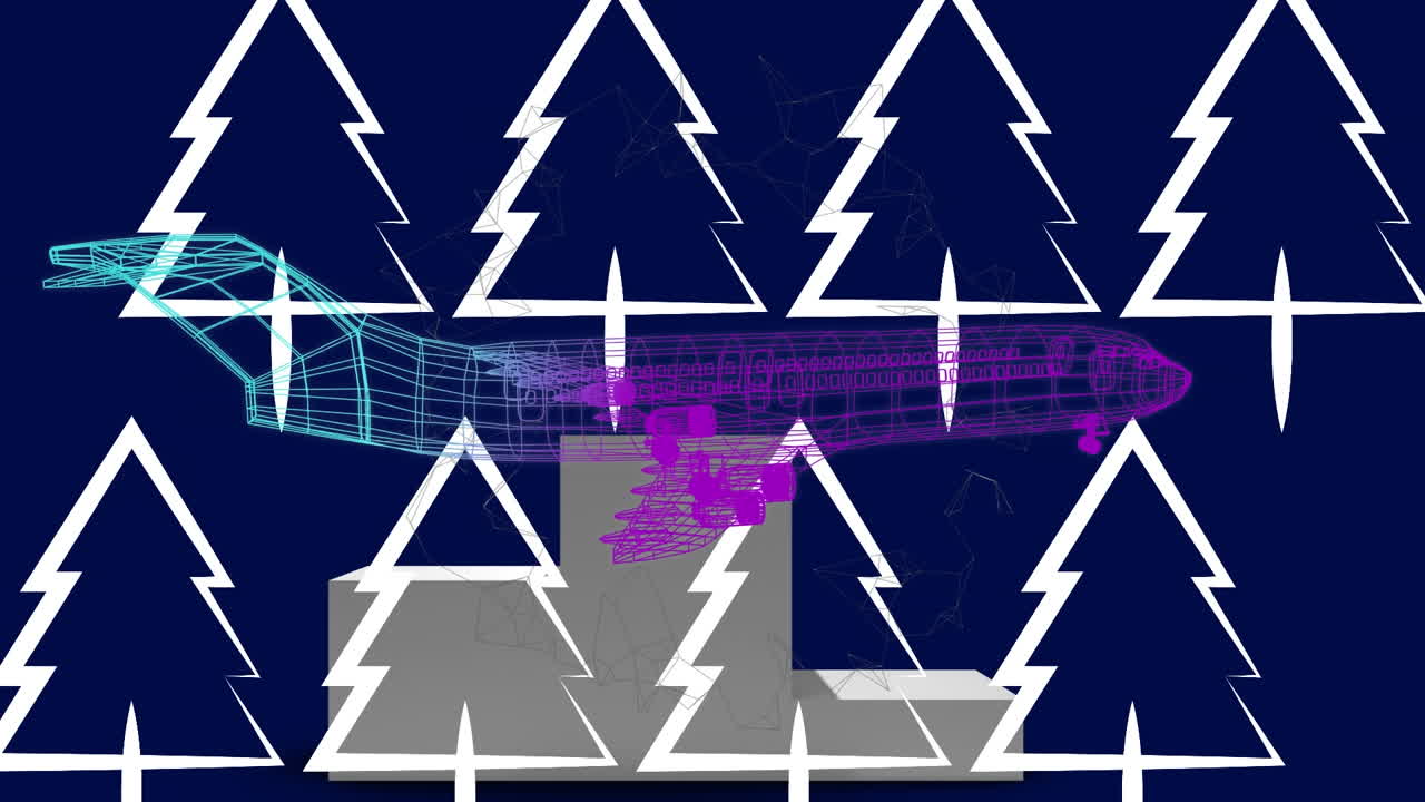 animación de un modelo de avión 3d girando sobre los iconos de los árboles sobre un fondo azul