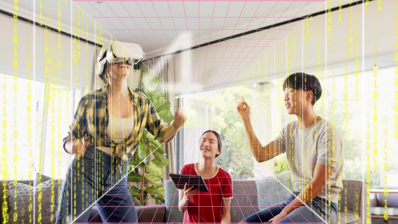 Three friends playing MR game, headset activating AR grid, tablet and phone reacting for fun