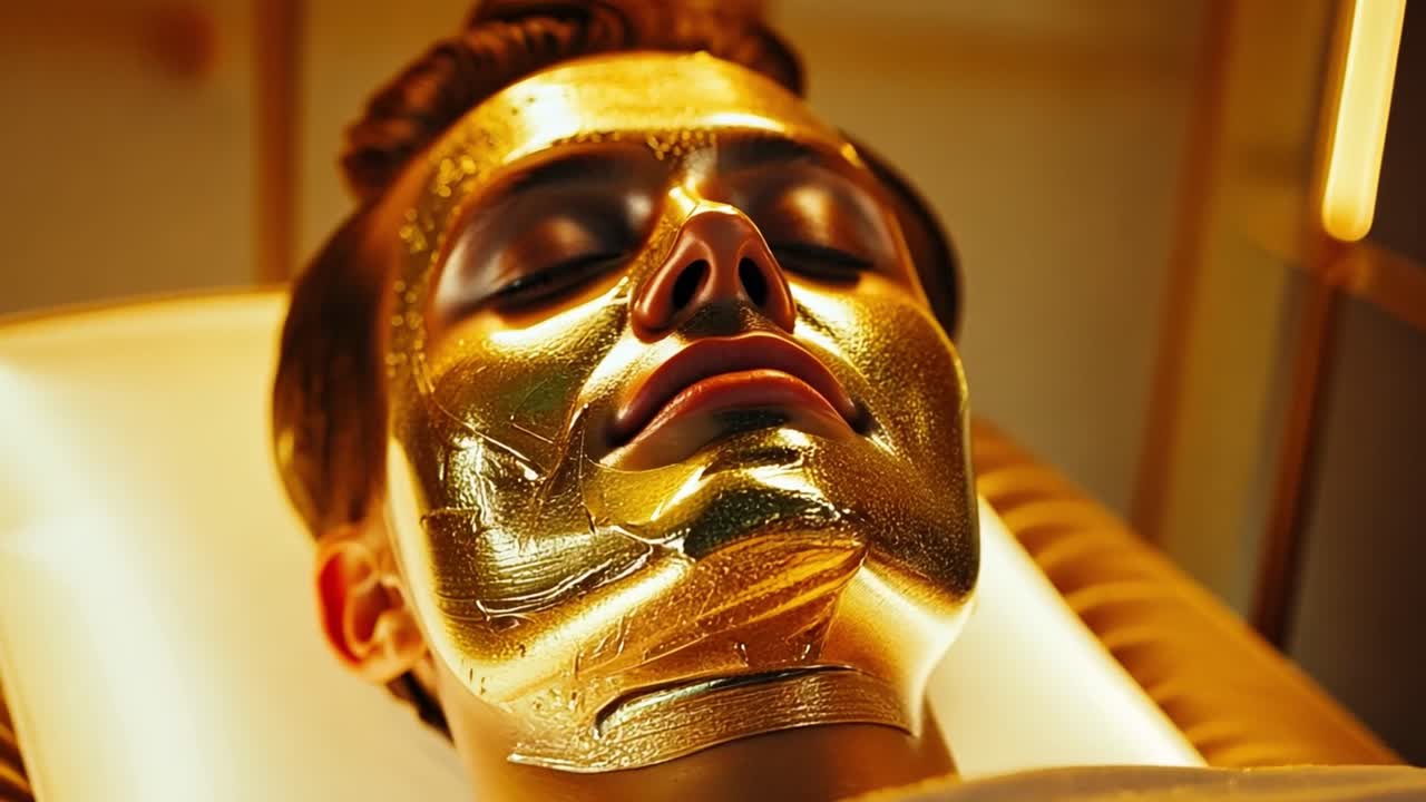Person receiving a luxurious gold face mask treatment