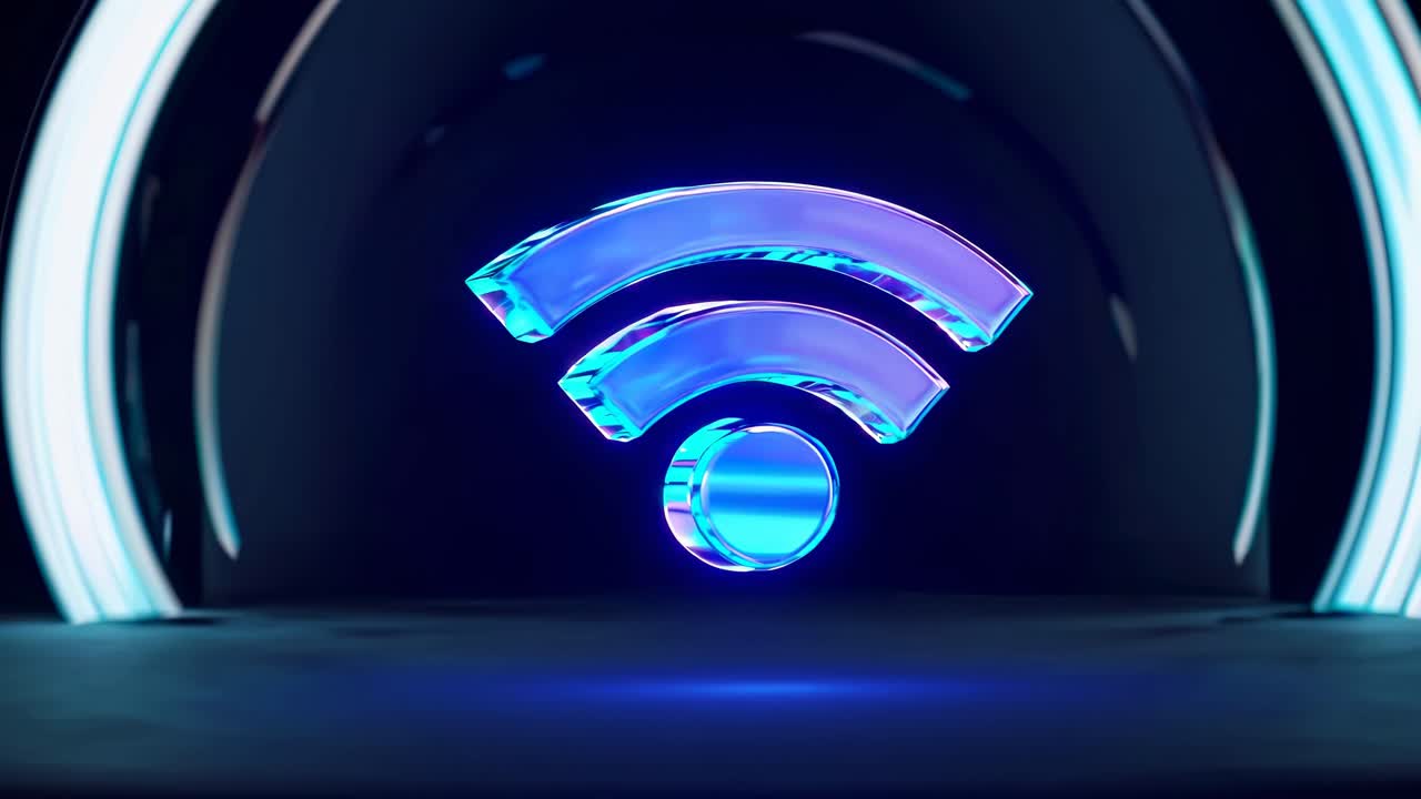 Futuristic video showcasing a glowing Wi-Fi symbol in a dark tunnel, emphasizing connectivity