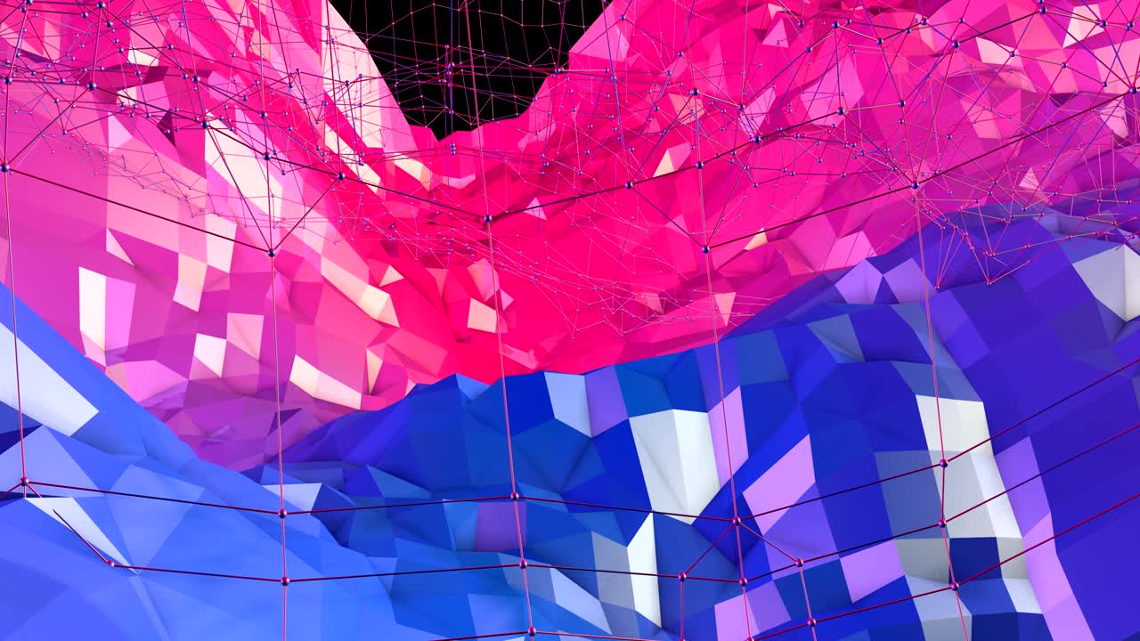 추상적인 단순한 파란색, 빨간색, 낮은 폴리 3d 표면, 판타지 환경, 순수한 파란, 빨간 다각형과 함께 부드러운 기하학적, 낮은, 폴리 모션 배경, 그라디언트 파란색과 함께 4k fullhd 원활한 루프 배경.