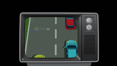 Animation-of-tv-screen-with-car-race-game-on-black-background
