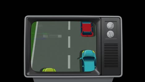 animación de una pantalla de televisión con un juego de carreras de coches sobre un fondo negro