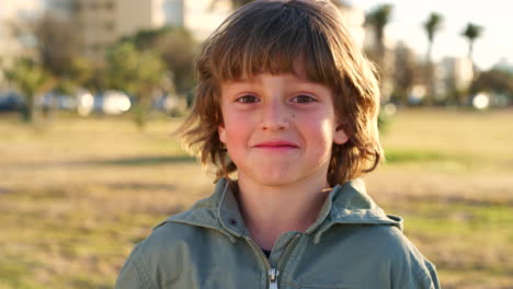 summer, urban park and face of child laugh