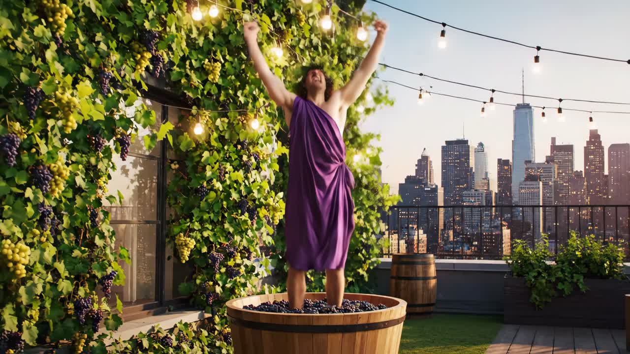 Man Grape Stomping on Rooftop Terrace with City View