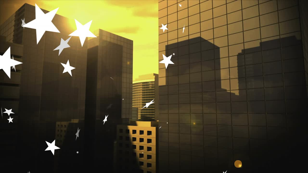Lens flare causing white stars drifting across city skyline, highlighting glass facade and sunlight