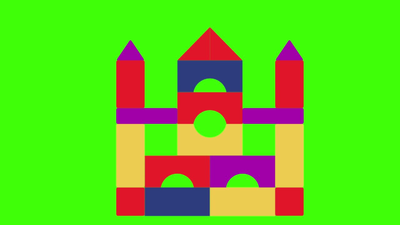 ilustración animada en 2d de un colorido castillo de juguete en una pantalla verde