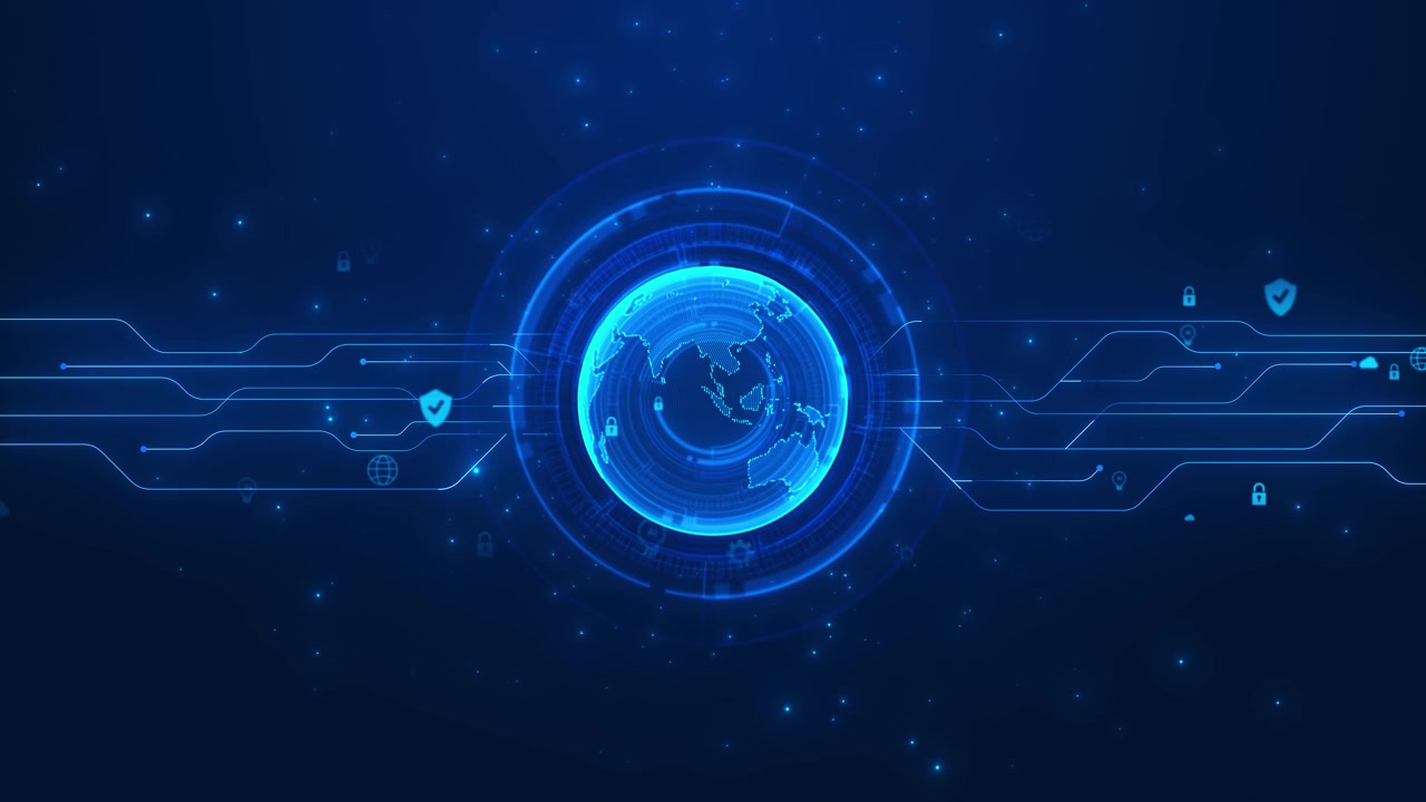 Secure world network interface visual with cyan globe floating privacy symbols and connected circuit
