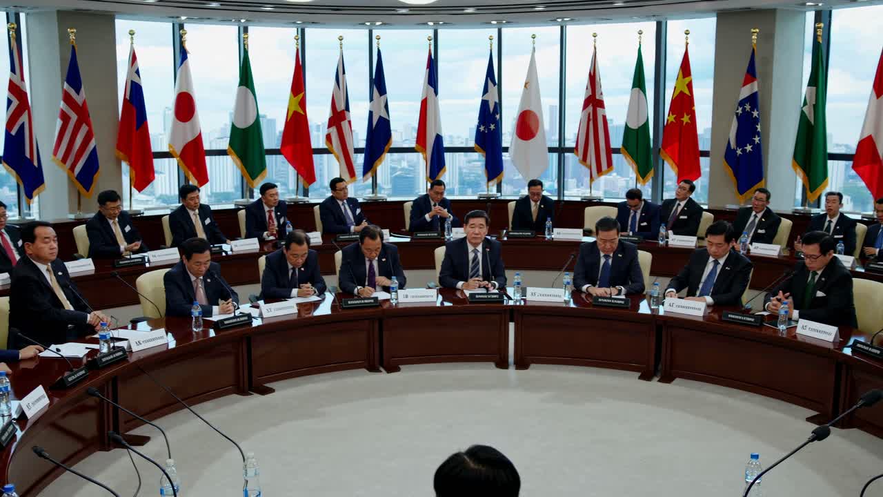 円卓を囲んで代表者が集まる国際会議をハイアングルで撮影。各国の旗も見える。