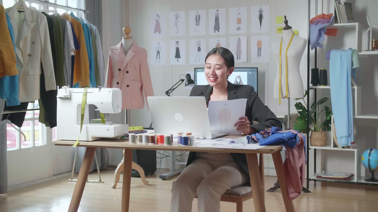 사업복을 입은 미소 짓는 아시아 여성 디자이너가 손에 든 종이를 보고 스튜디오에서 옷을 디자인하는 동안 노트북의 사진과 비교합니다.