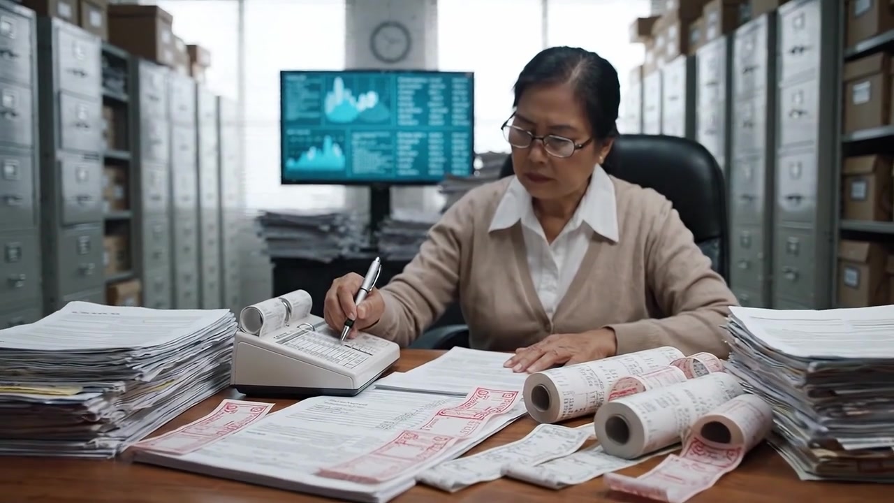 Focused Accounting Professional Analyzing Financial Reports in Office Surrounded by Paperwork and Data Displays for Effective Business Management Insights