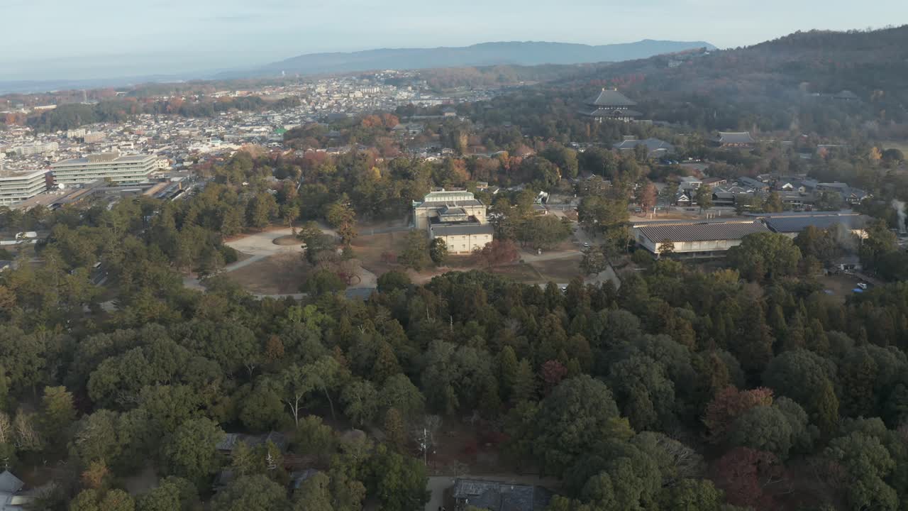 일본 나라 현의 배경에 산이 있는 나라 시와 도다이지 사원의 공중 팬