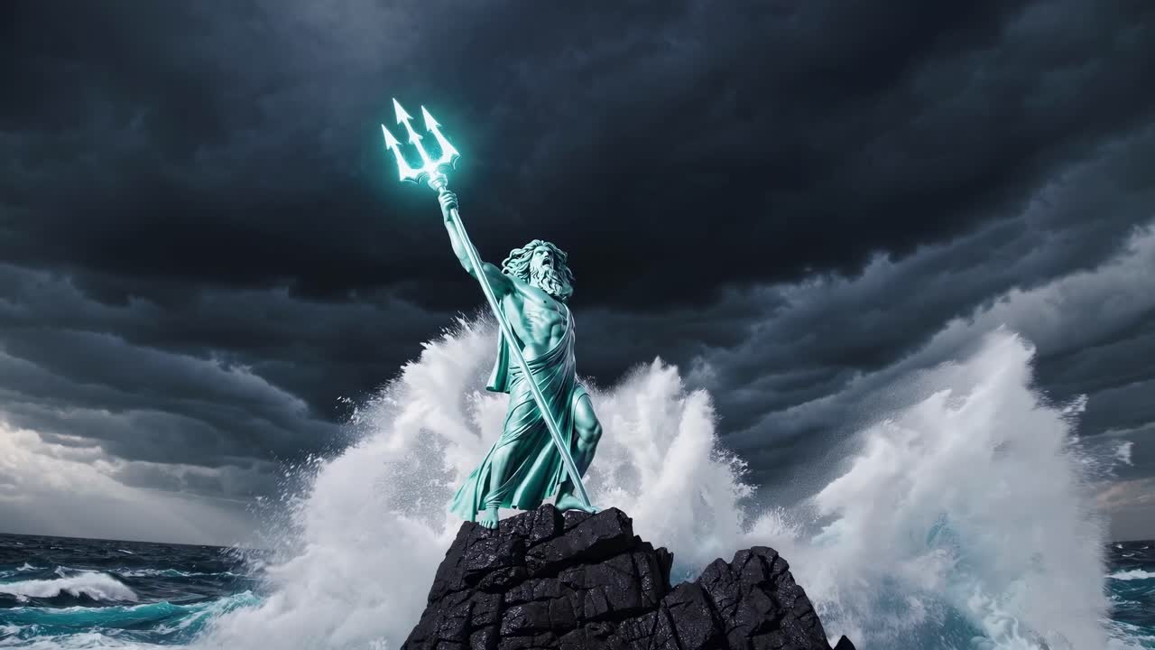Dramatic low-angle shot of a Poseidon statue amidst crashing waves and stormy skies