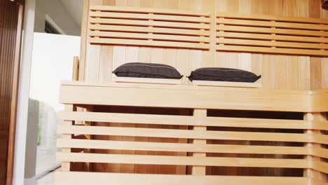 video of empty wooden sauna room interior at holiday health spa resort