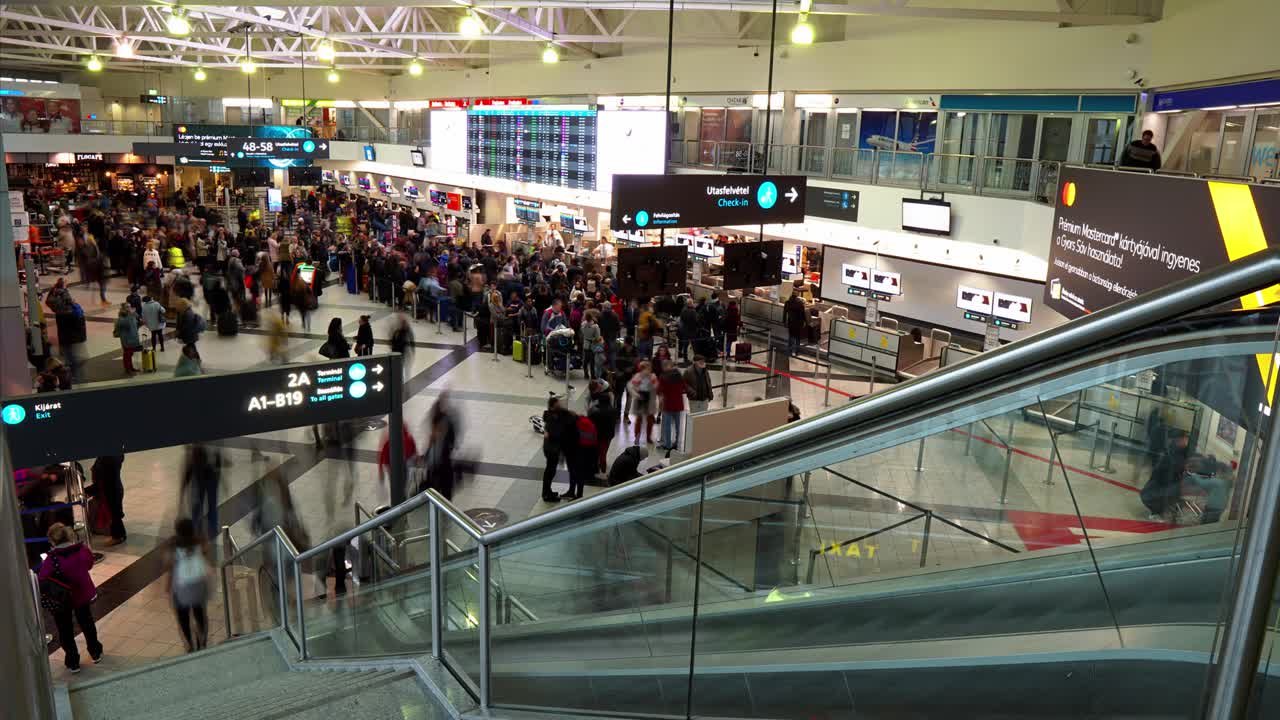 Timelapse video from Hungary, Budapest, Liszt Ferenc International Airport Terminal 2b at check in desks. MMXIX.XII.XXXI
