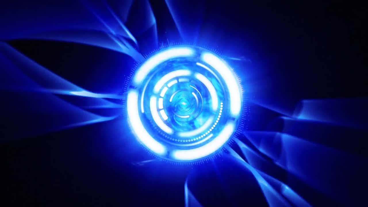 Animazione di diversi cerchi brillanti e bianchi in rotazione su sfondo blu e nero.