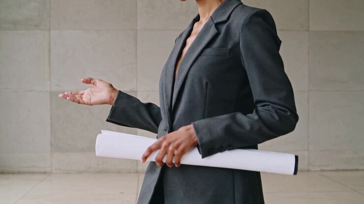 Tendendo la mano sinistra, una donna in blazer scuro presenta progetti arrotolati nella hall dell'ufficio, spiegando i piani.