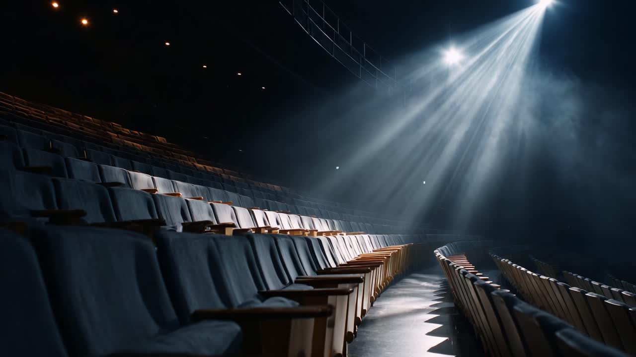 Un momento di illuminazione scenografica catturato in un teatro vuoto, con un riflettore che illumina le file di sedili e crea un'atmosfera accattivante per gli spettacoli