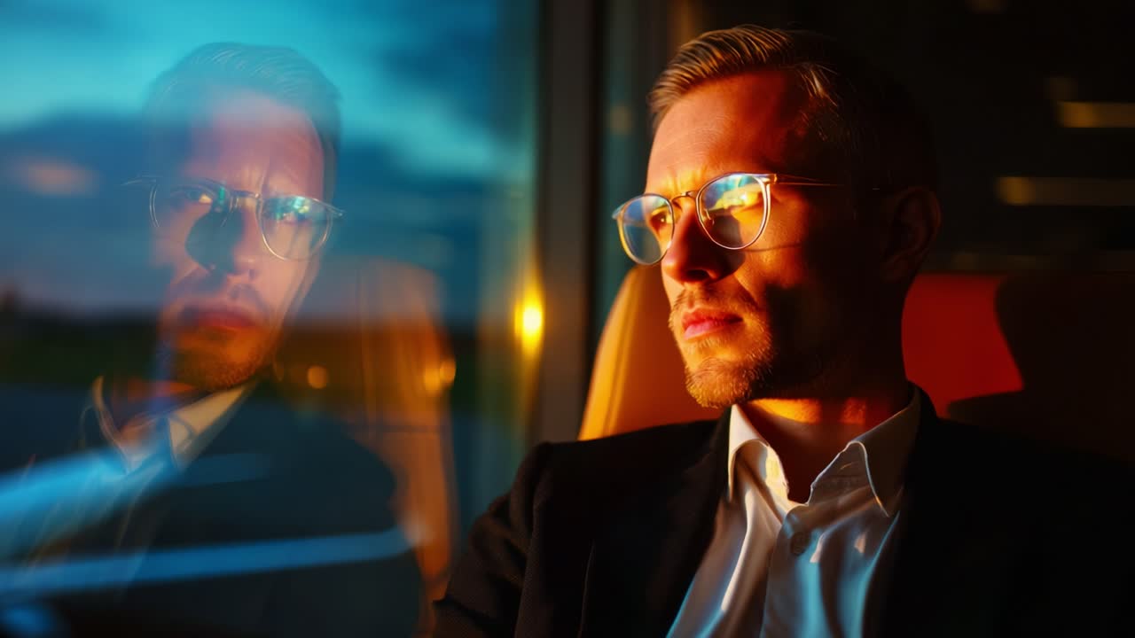 En eftertænksom mand i refleksion: Indfang essensen af eftertanke mod baggrunden af en solnedgang, belyst af blødt lys og spejlet af hans egne tanker