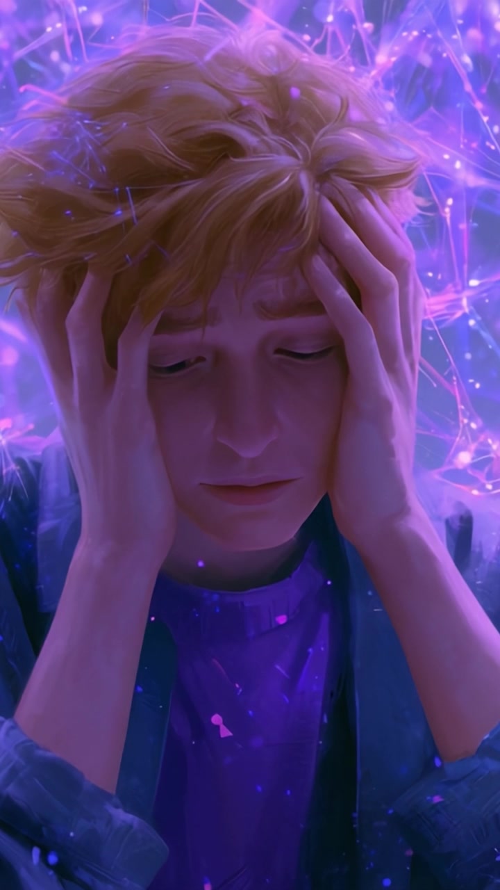Una persona giovane che lotta con emozioni travolgenti, raffigurata con una palette di colori tenui e uno sfondo etereo di luce viola e connessioni.