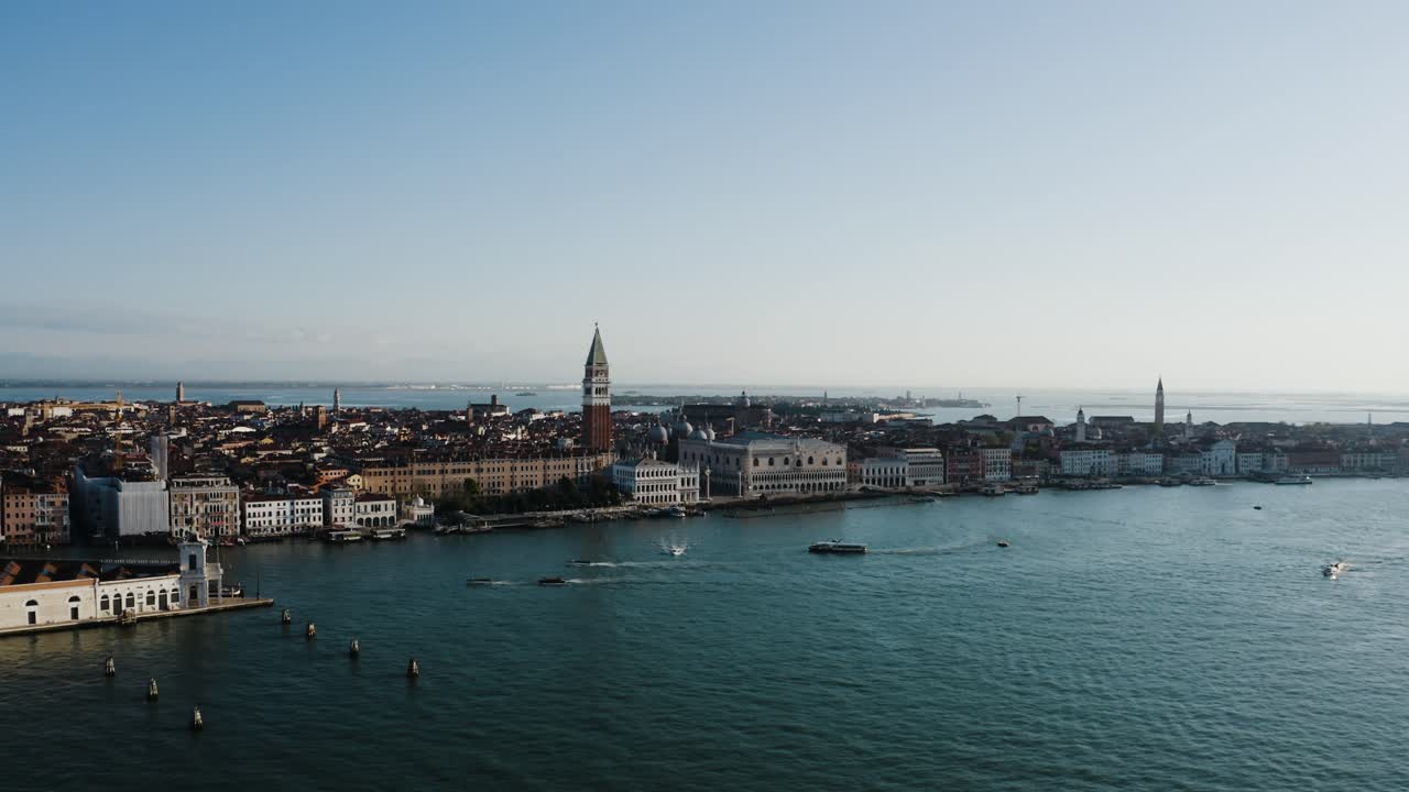 Aerial view of Venice, Italy - surrounded by water.