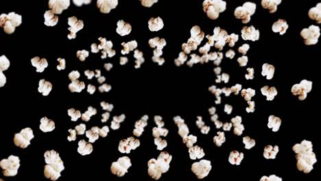 flying many popcorns on black background. white salty popcorn. healthy food. corn seed. 3d loop animation of popcorn rotating.