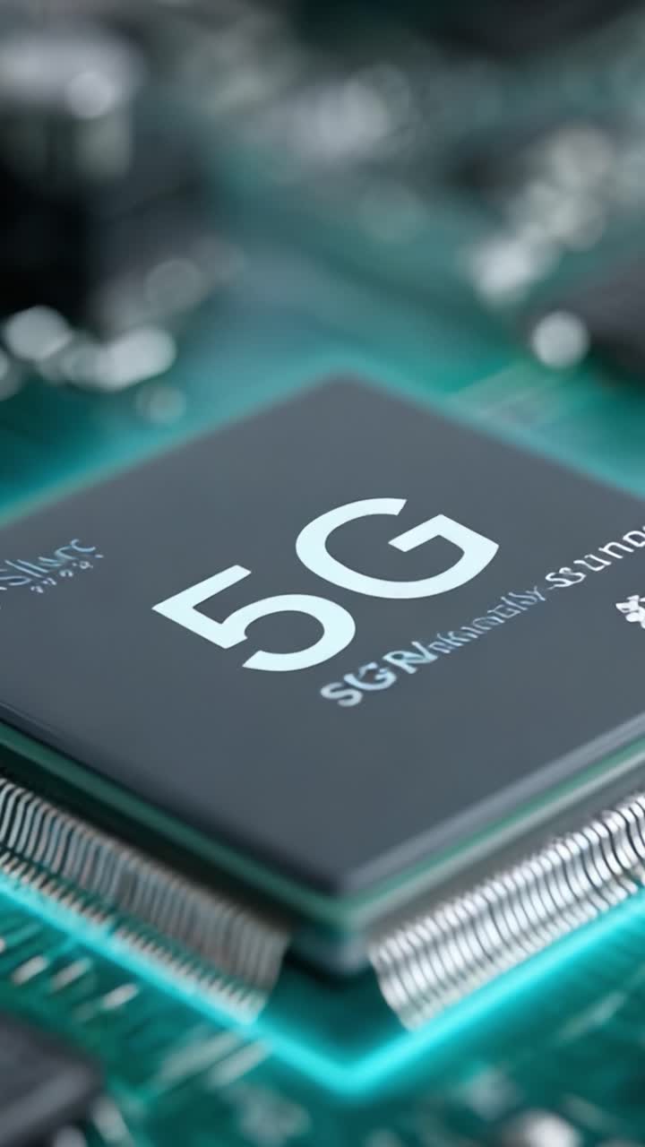 Uno sguardo ravvicinato a un chipset 5G che mette in mostra tecnologia avanzata e funzionalità di connettività, evidenziando componenti specifici per prestazioni avanzate nei dispositivi moderni