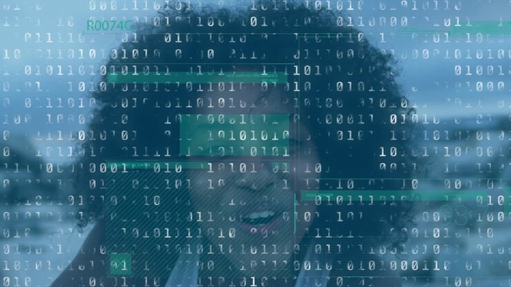 Animation of binary code with glitch over happy african american woman