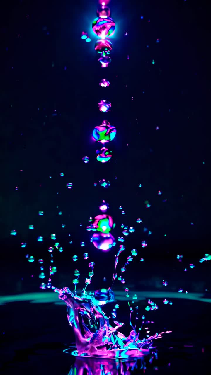 A mesmerizing video still of water droplets captured in mid-air with a vibrant neon glow, shot