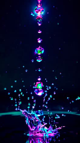 A mesmerizing video still of water droplets captured in mid-air with a vibrant neon glow, shot