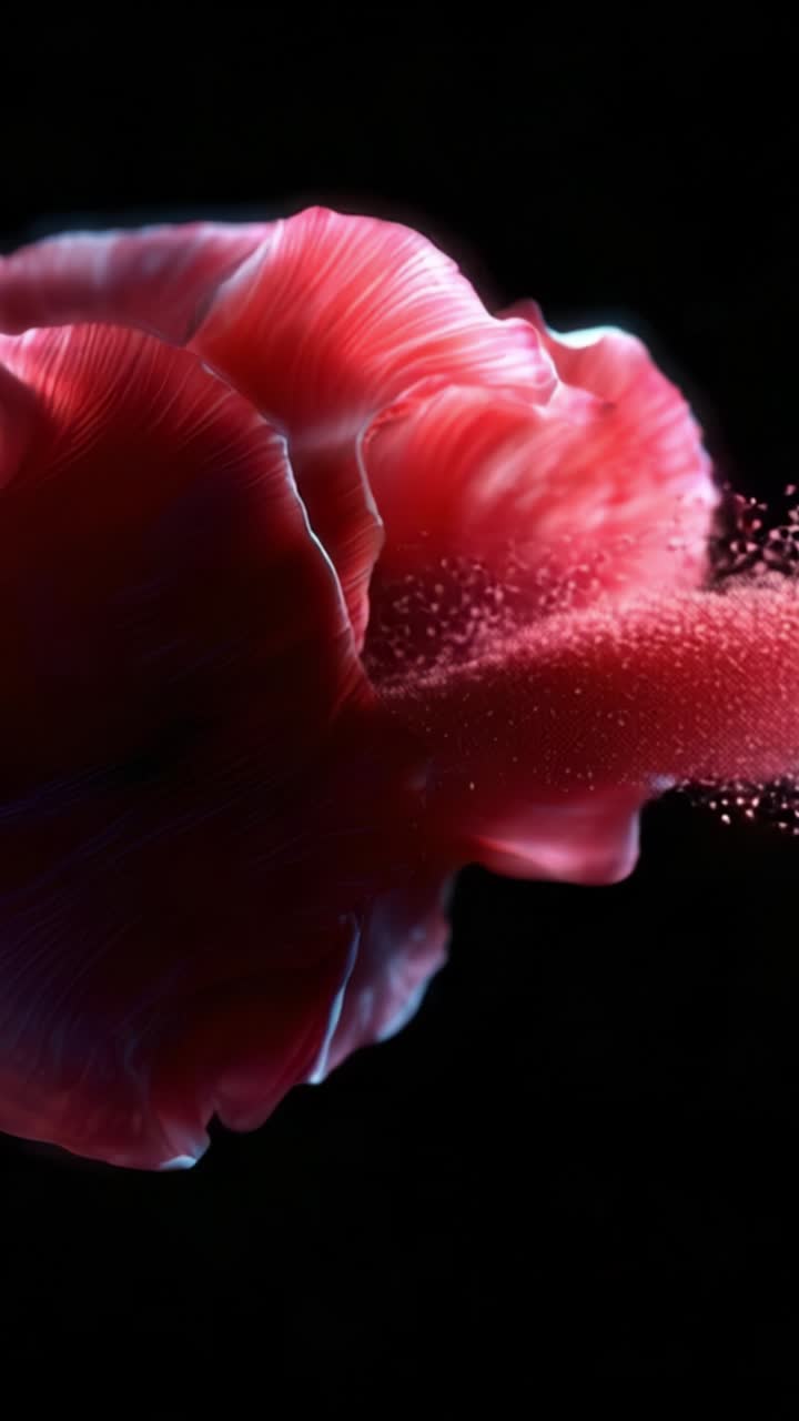 Un'immagine accattivante di un petalo di fiore colorato che disperde particelle, evidenziando la bellezza organica su uno sfondo scuro, perfetto per gli appassionati di natura e arte.
