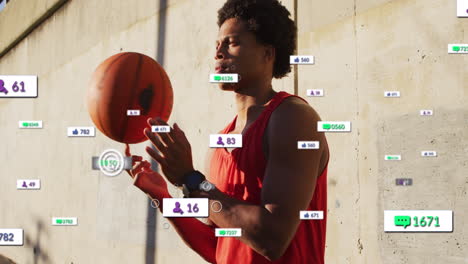 animation of multiple notification bars over biracial player spinning basketball on finger