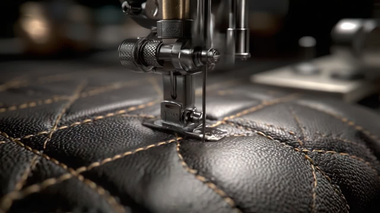 Intricate Close-Up of a Sewing Machine Stitching Detailed Patterns on Leather Fabric, Demonstrating Precision and Craftsmanship in Textile Artistry