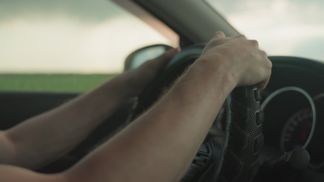 close up driver hands gripping steering wheel inside car with blurred green field outside window captures motion and focus on control during scenic road journey under cloudy sky smooth