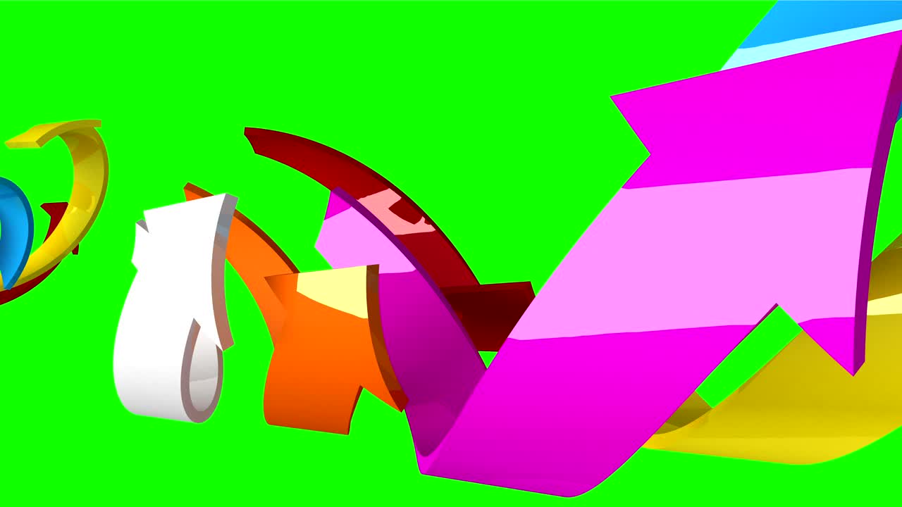 다채로운 3d 화살표가 녹색 화면에서 움직이고, cg 애니메이션, 원활한 루프