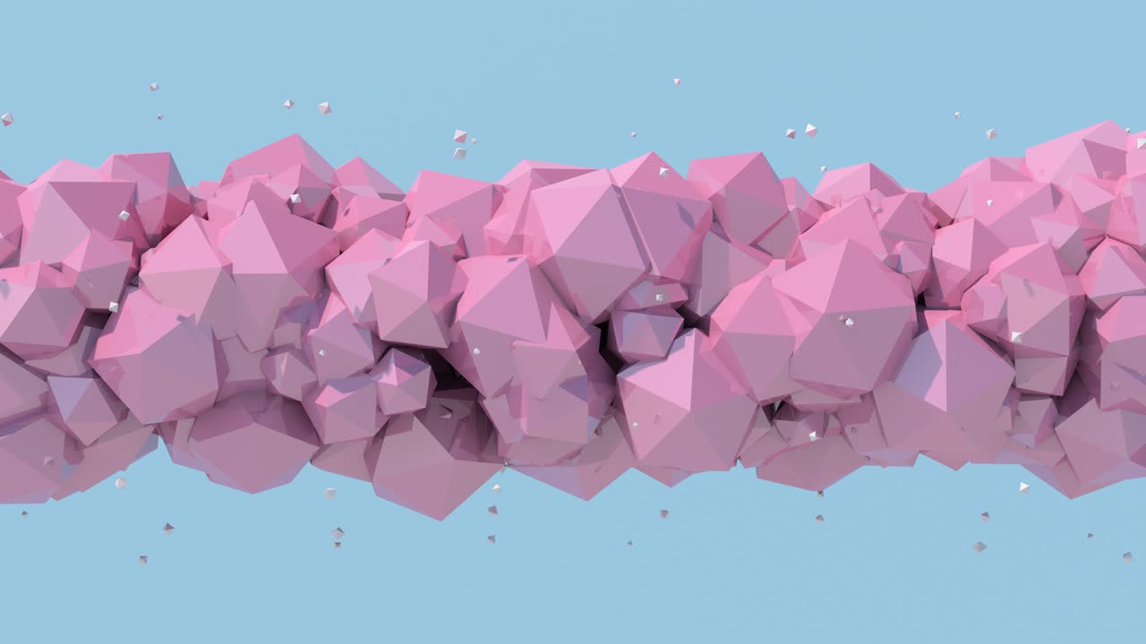los poliedros rosados, el fondo azul, la animación abstracta, el renderizado en 3d.