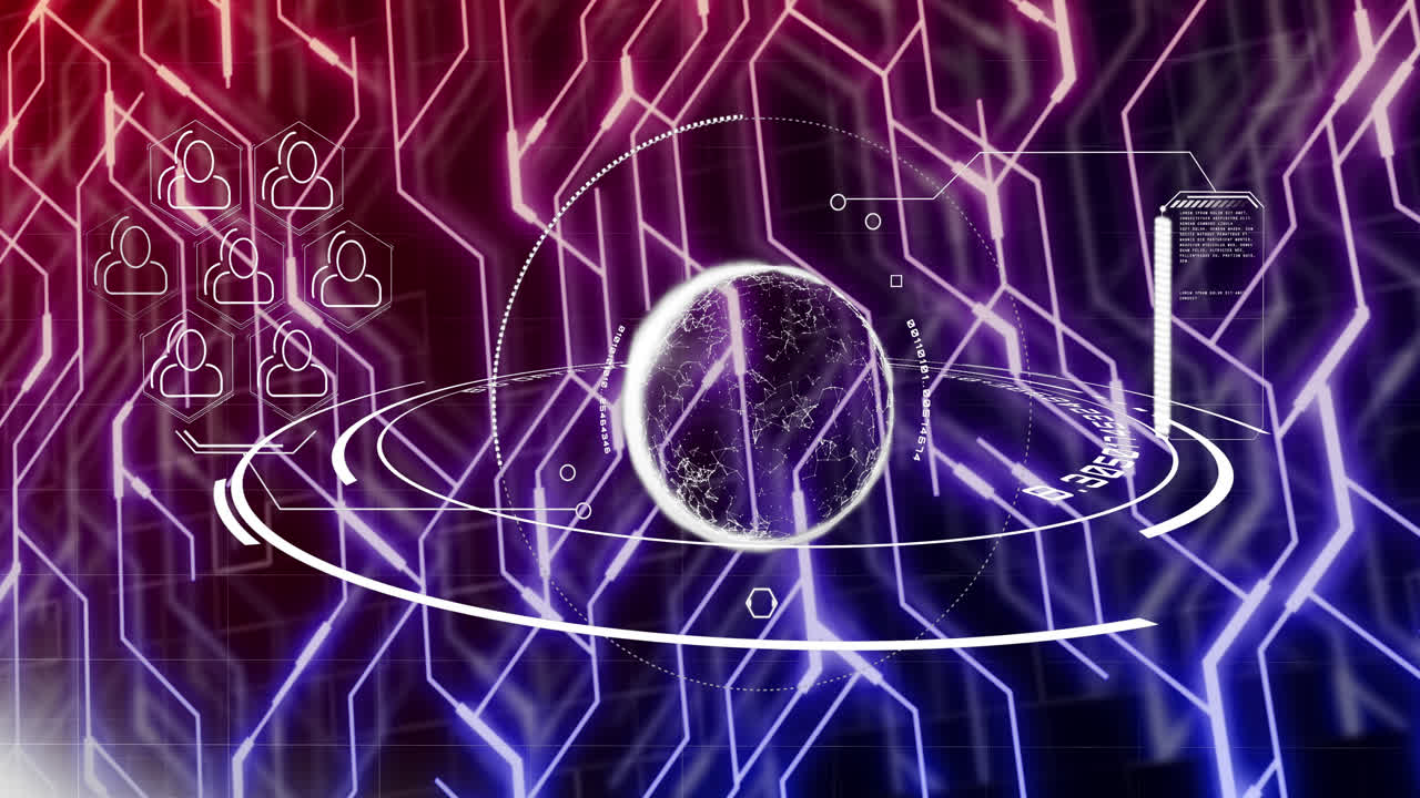 Animazione di un mappamondo e icone su una rete di connessioni