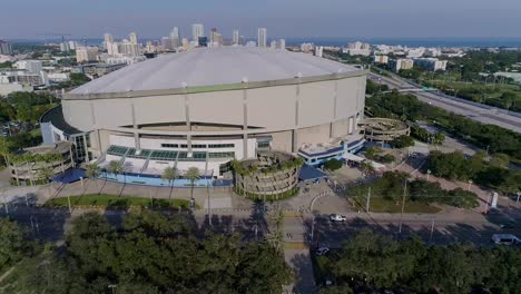 4k aerial drone video of tropicana field and full parking lots in downtown st