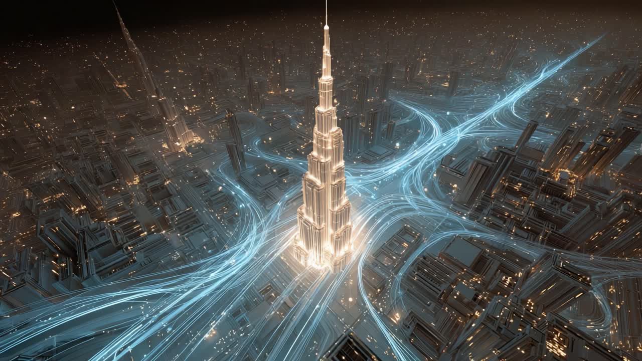 Aerial view of a futuristic smart city at night, showcasing a towering ...